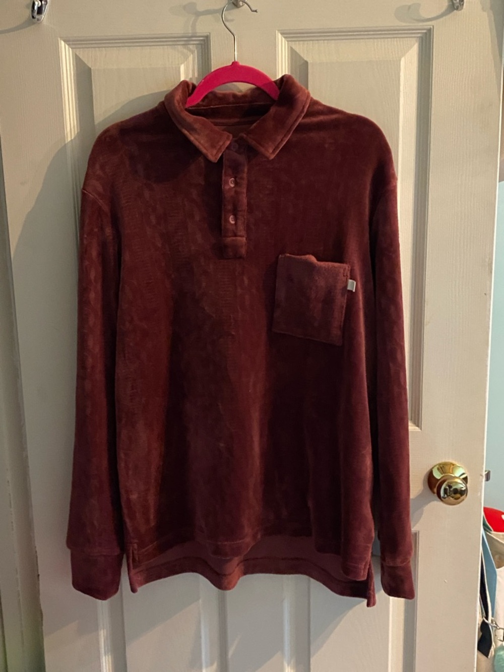 Urban Outfitters - Mens Medium Plush Burgundy Velour Long Sleeve Polo